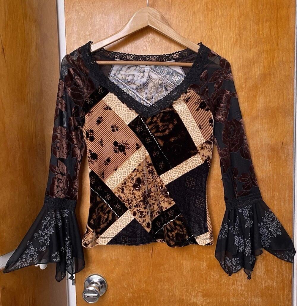 Vintage Y2K Patchwork Burnout Velvet Fairy Top WhimsiGoth Bell Angel Sleeve Sz S